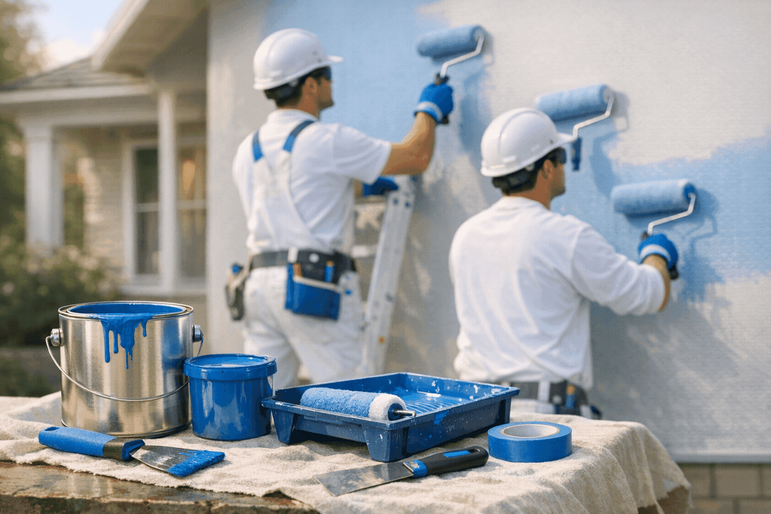 Two OSHA-compliant painters applying exteri wall paint on a residential home